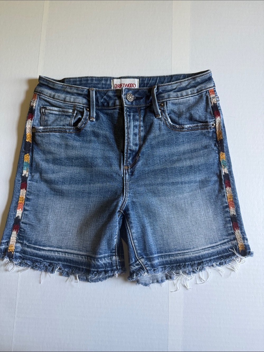 DRIFTWOOD Medium Blue Denim Shorts with Multicolor Embroidered Trim Size 26